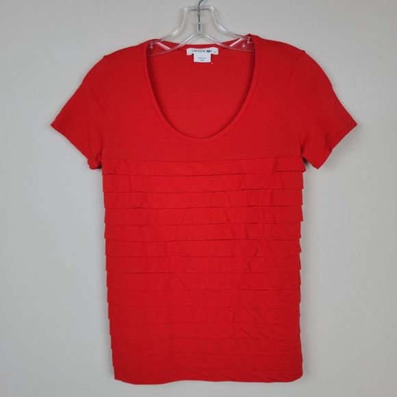 LACOSTE Red Ruffled Short Sleeves Cotton T Shirt Size EU36 US Size XS/4 - Picture 1 of 9